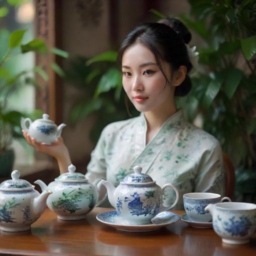 精致的茶具与广式点心摆放在木桌上