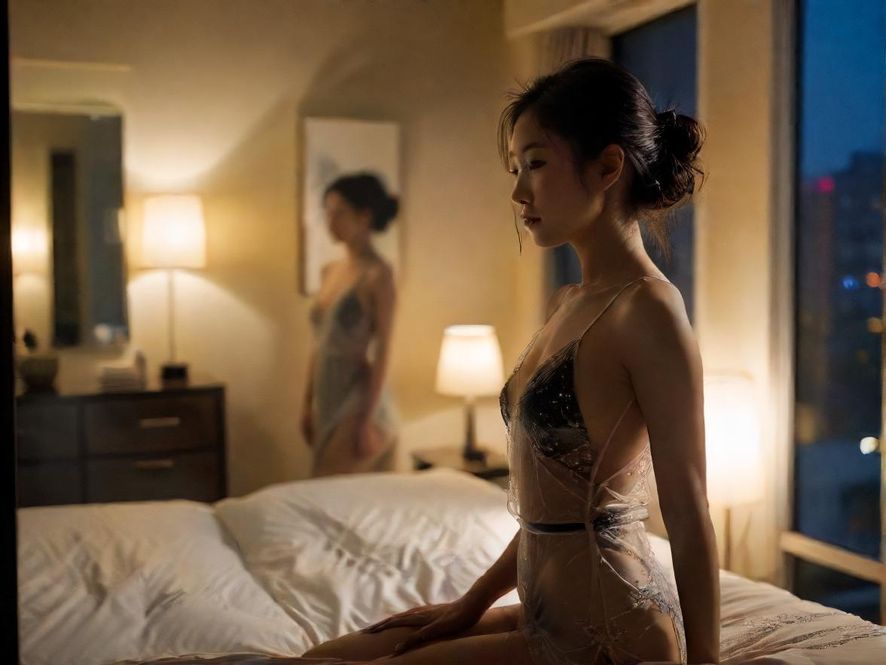 qm花满楼东方美人背影，朦胧意境，室内光影交错