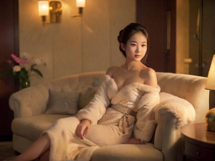 在奢华包厢内，一位广东女子优雅地坐着，享受着柔和灯光带来的宁静氛围。