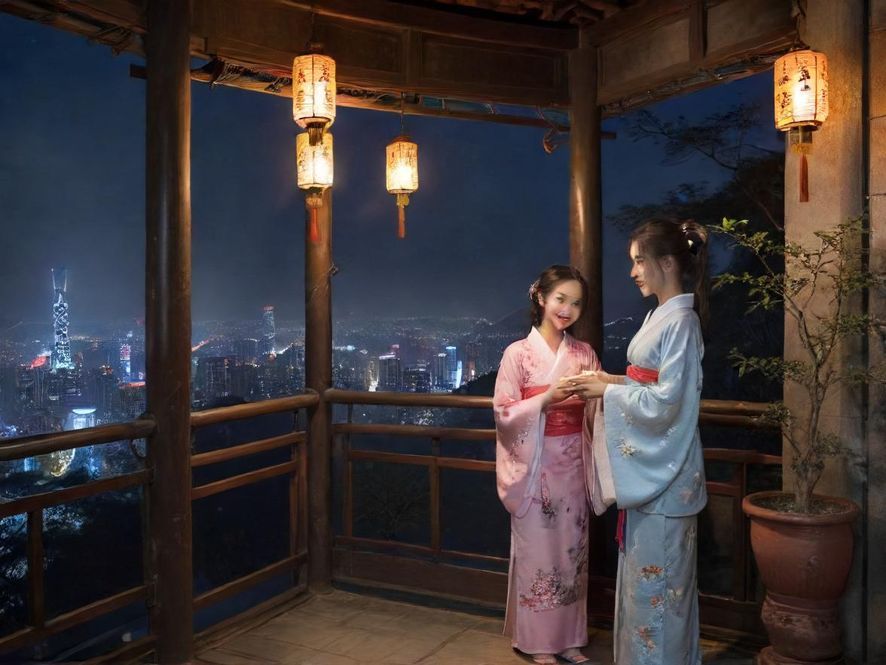 杭州高端休闲会所入口大厅，广角视角展现其奢华内饰，窗外透出杭州璀璨的夜景。