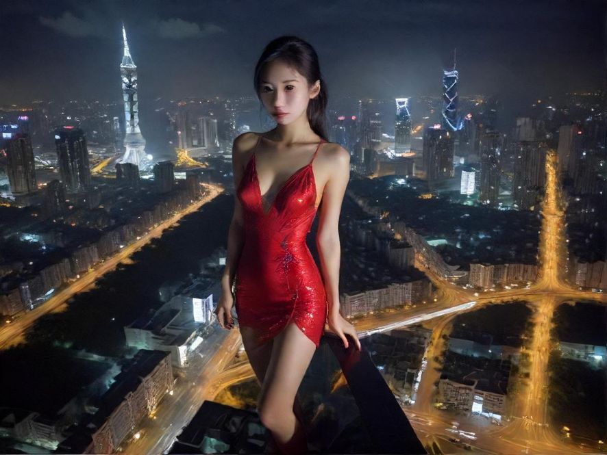 东莞璀璨的城市夜景，高楼林立，灯光闪烁。