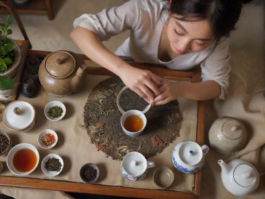 一位茶艺师正在为客人精心冲泡茶叶，茶汤色泽金黄，茶具精致
