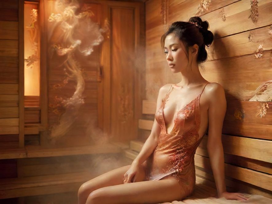 桑拿房内部，木质结构，蒸汽弥漫，灯光温暖，营造出放松的氛围。