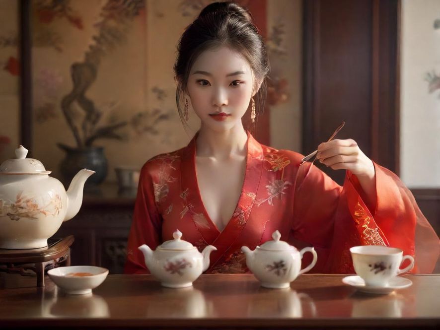 一套精致的茶具在柔和的灯光下，暗示着高品质的体验