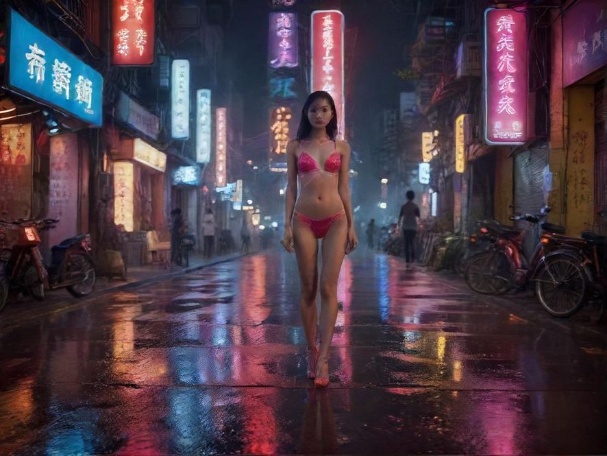 广州夜景霓虹灯下的城市街道