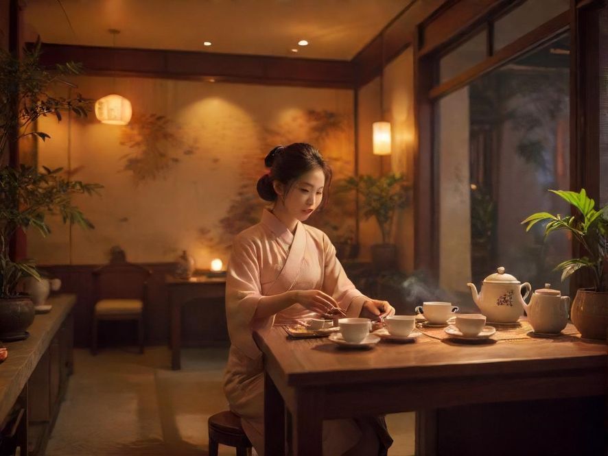 一位茶艺师在温馨的现代中式茶室中，用柔和的光线冲泡着茶，营造出宁静雅致的氛围。