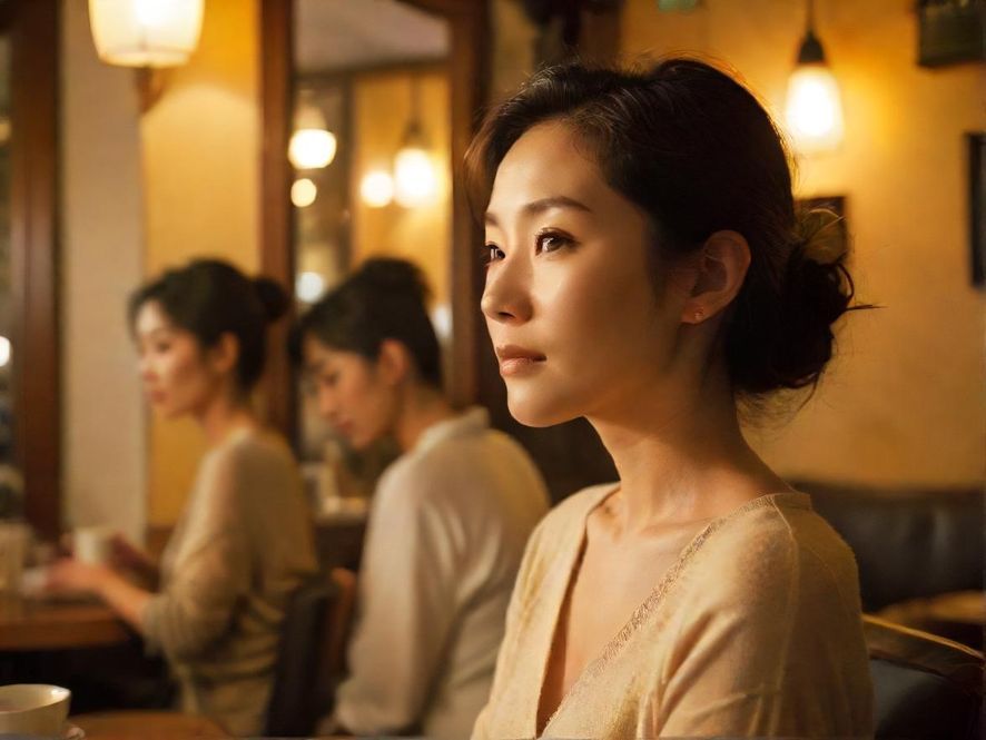 熟女楼凤优雅女子在温馨咖啡厅的侧身形象