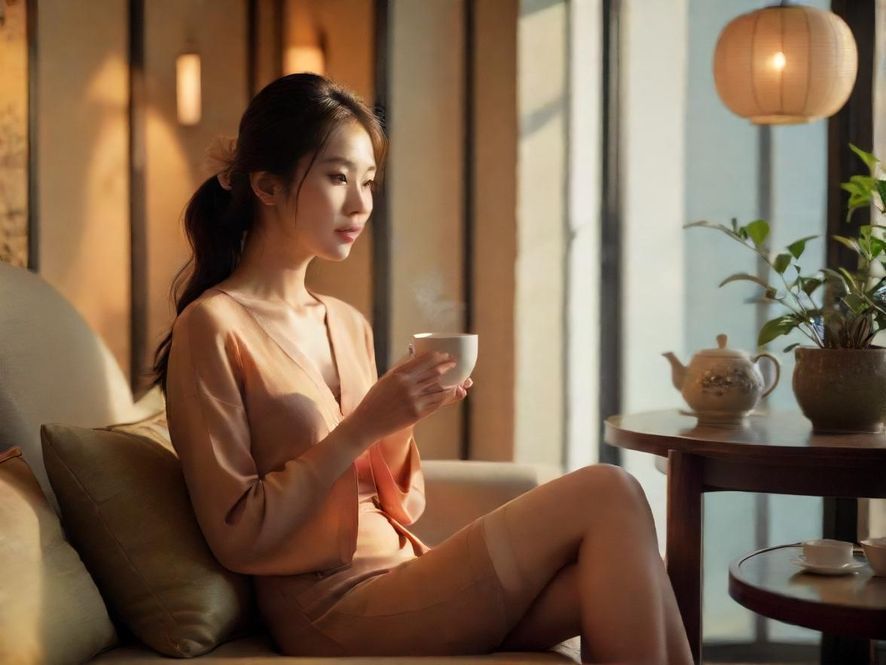 一位优雅的女士在雅致的包厢内品茶休憩，侧面视角展现出宁静而富有氛围感的画面。