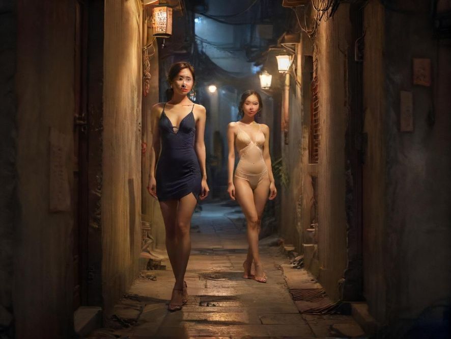 广州夜色下的老城区小巷