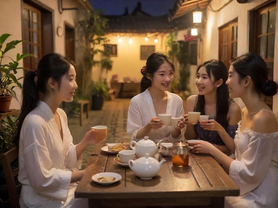一群广州茶友在传统庭院中围炉煮茶，气氛轻松愉快，大家欢声笑语，享受着闲暇时光。