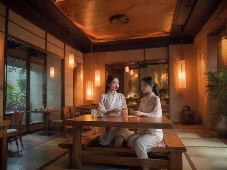 深圳福田茶室内部，宽敞明亮，设计现代而温馨，光线柔和，营造出舒适的品茶氛围。