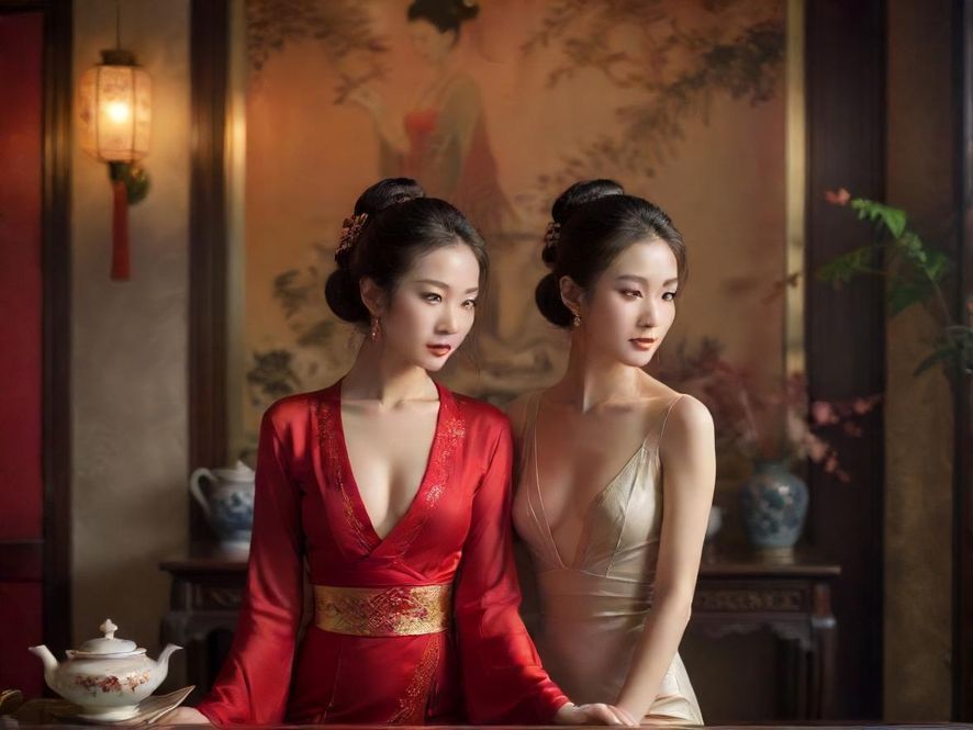 广州一间隐藏的茶室，茶具精美，充满东方古典韵味，营造出宁静雅致的氛围。