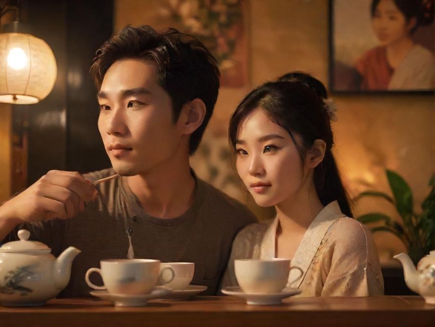 两位年轻的茶艺师在现代风格的茶空间中专注地进行茶道表演，侧面特写展现了他们优雅的姿态和温暖的氛围