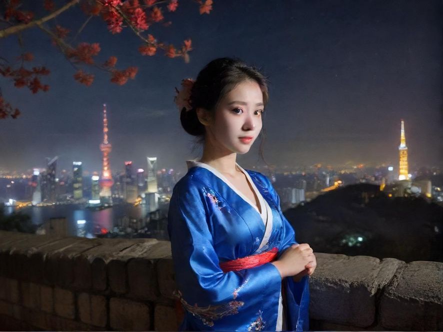 广州一家现代豪华的夜场会所远景全貌，背景是璀璨的都市夜景。