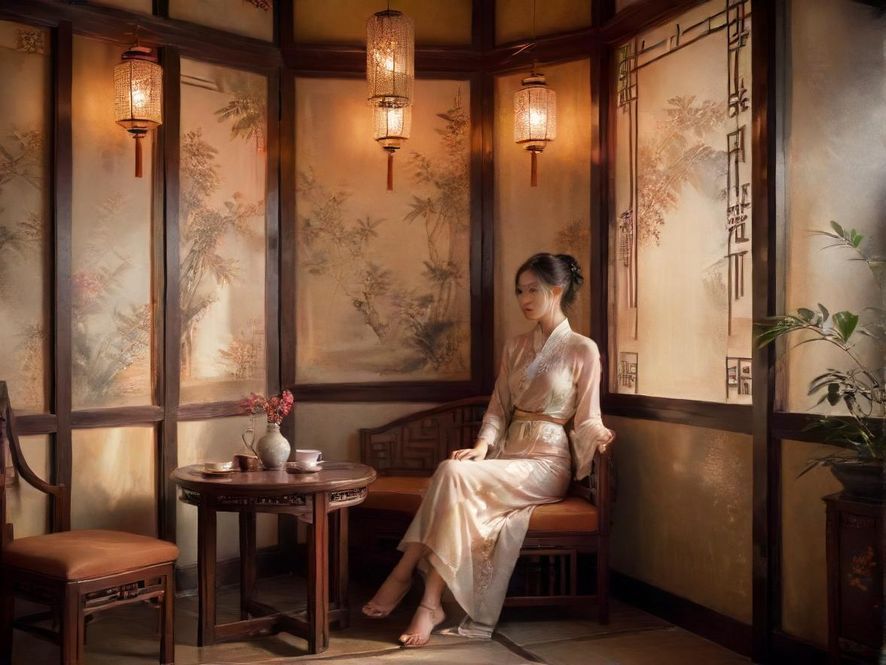 一间充满东方韵味的休闲茶室，柔和的灯光从窗外洒入，营造出宁静舒适的氛围，让人身心放松。