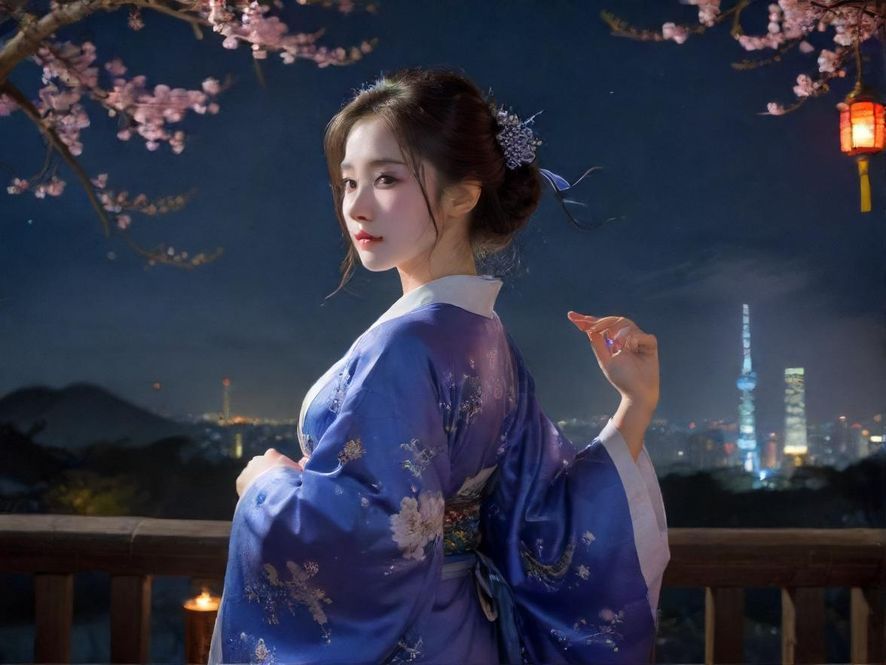 一位身着优雅服装的女性背影,侧面剪影在璀璨的城市夜景下,充满神秘和吸引力。