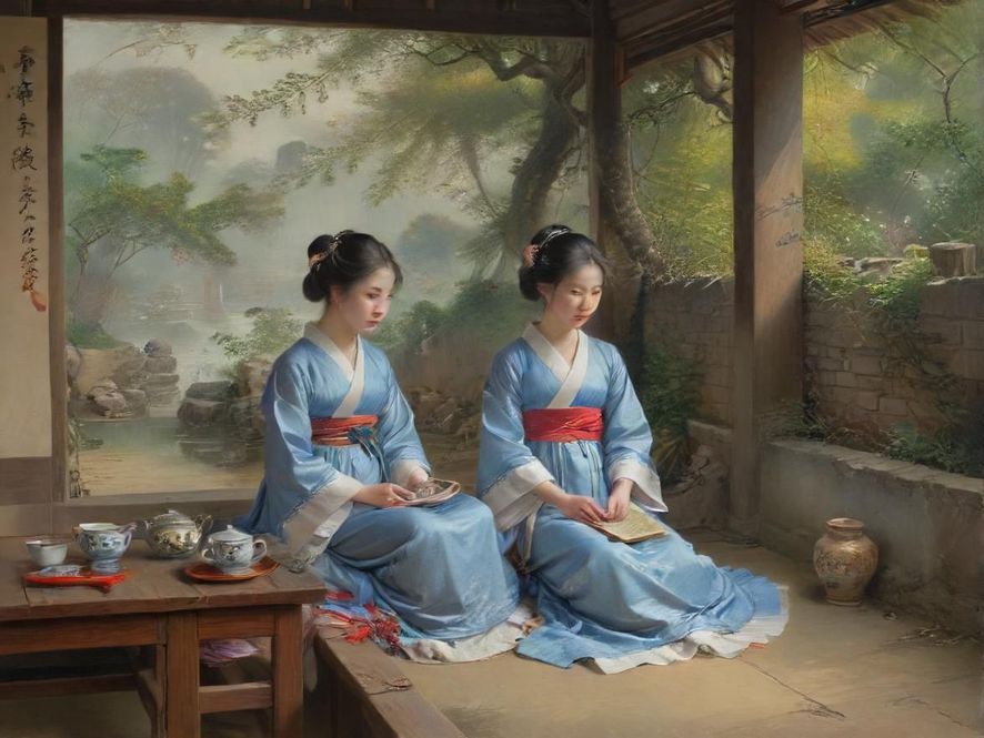 一位东方气质女子在柔和的光线下，侧身凝视，背景是高雅的茶室，营造出宁静而富有韵味的氛围。