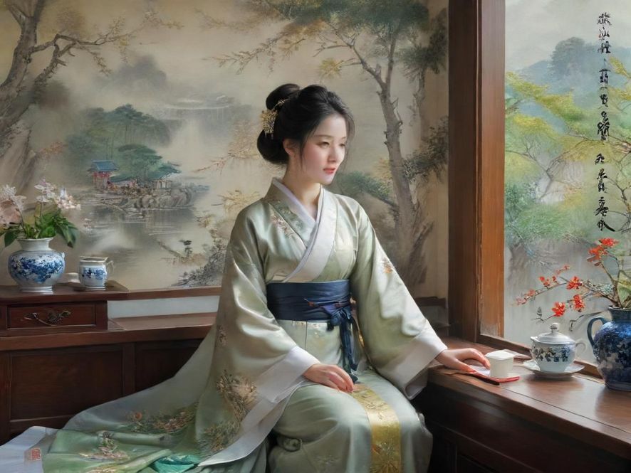 一位在天津古典雅致茶室中品茶的女性，近景特写，展现茶的韵味与人物的宁静