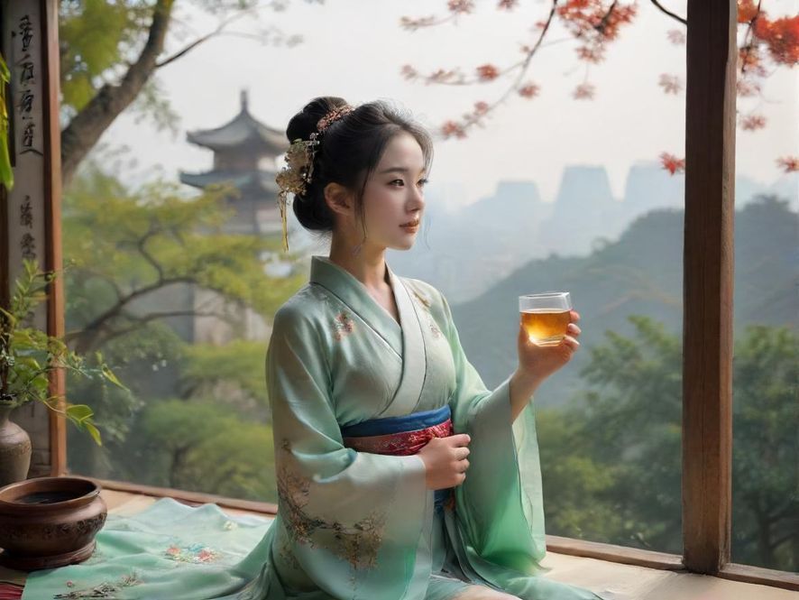 一位年轻女性手持精致茶杯,目光平和地凝视杯中茶汤,窗外是坪山朦胧的自然风景,画面温馨而宁静。