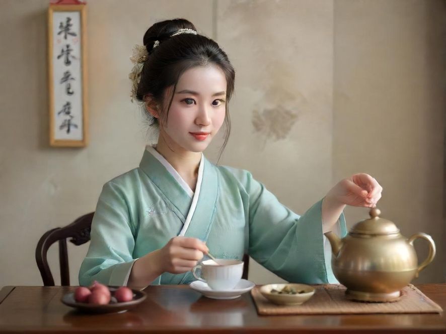 一位优雅的熟女在温馨的私密会所内,与人轻声交谈,桌上摆放着精致的茶具。