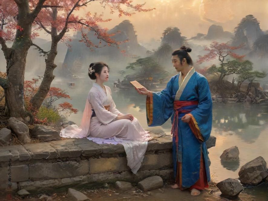 一对年轻男女在时尚休闲场所里轻松愉快地交谈