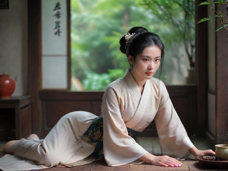 一位女士在充满东方韵味的私密茶馆里享受休闲时光