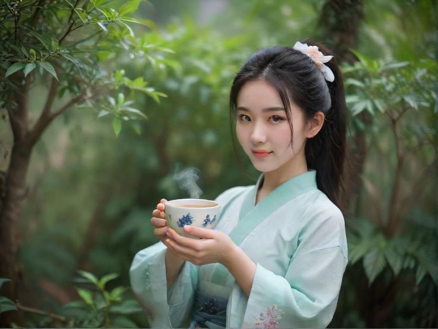 一位女子侧身坐在落地窗边，阳光透过窗户洒落在茶几上，营造出唯美而宁静的喝茶意境。