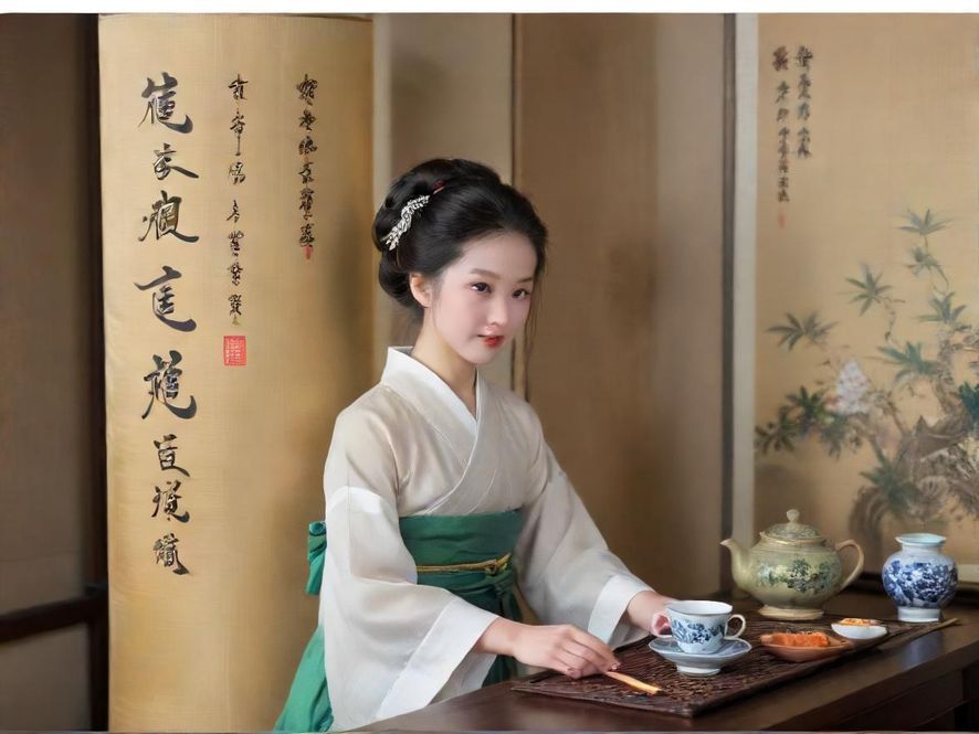 一位广州品茶女子,特写镜头下呈现唯美艺术照,优雅地展示着茶艺,每一个动作都充满韵味。