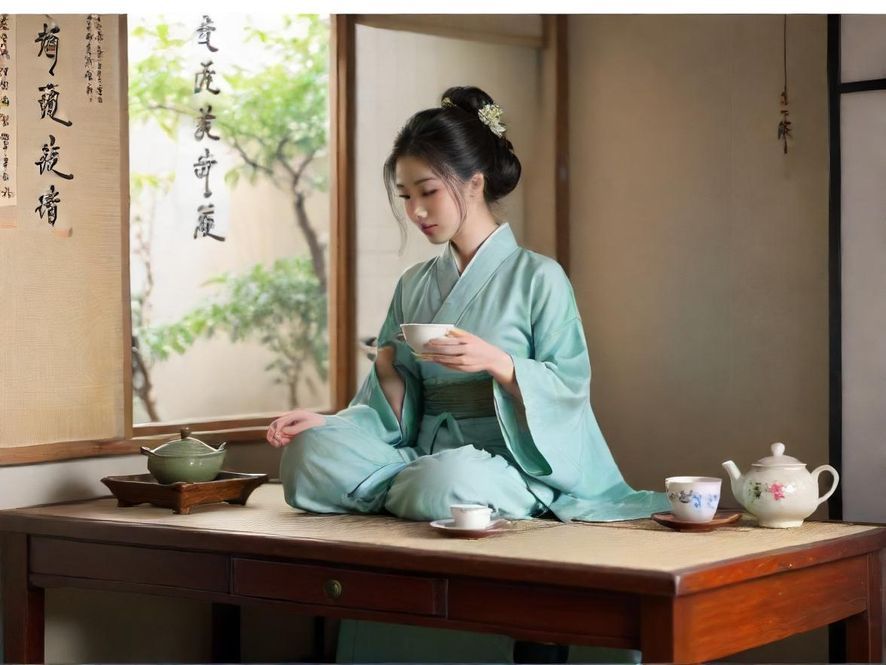 一位气质优雅的女子在温馨茶室中品茗,展现广州品茶的雅致氛围