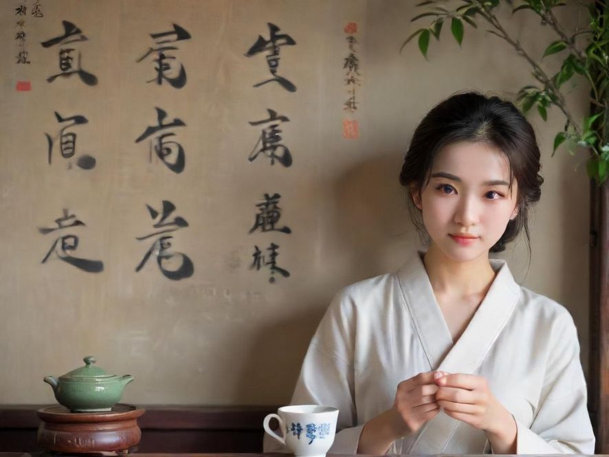 两位年轻女性在充满古朴韵味的广州老字号茶楼里，面对面品尝着香茗，相视而笑，画面温馨和谐。