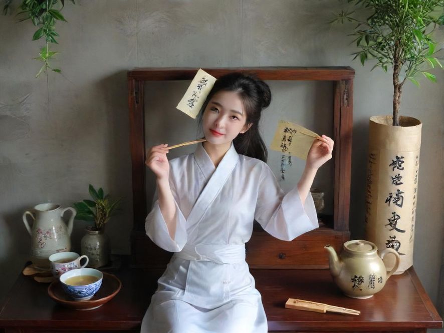 在广州一间精致的茶室包厢内,一位女性背影侧面视角,正静静地享受品茶的温馨宁静时刻,室内装饰呈现出现代中式风格。