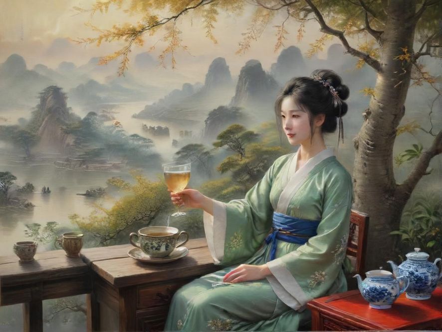 一位女士在现代风格的茶馆中享受品茶时光,背景是城市的霓虹灯,氛围慵懒而舒适。